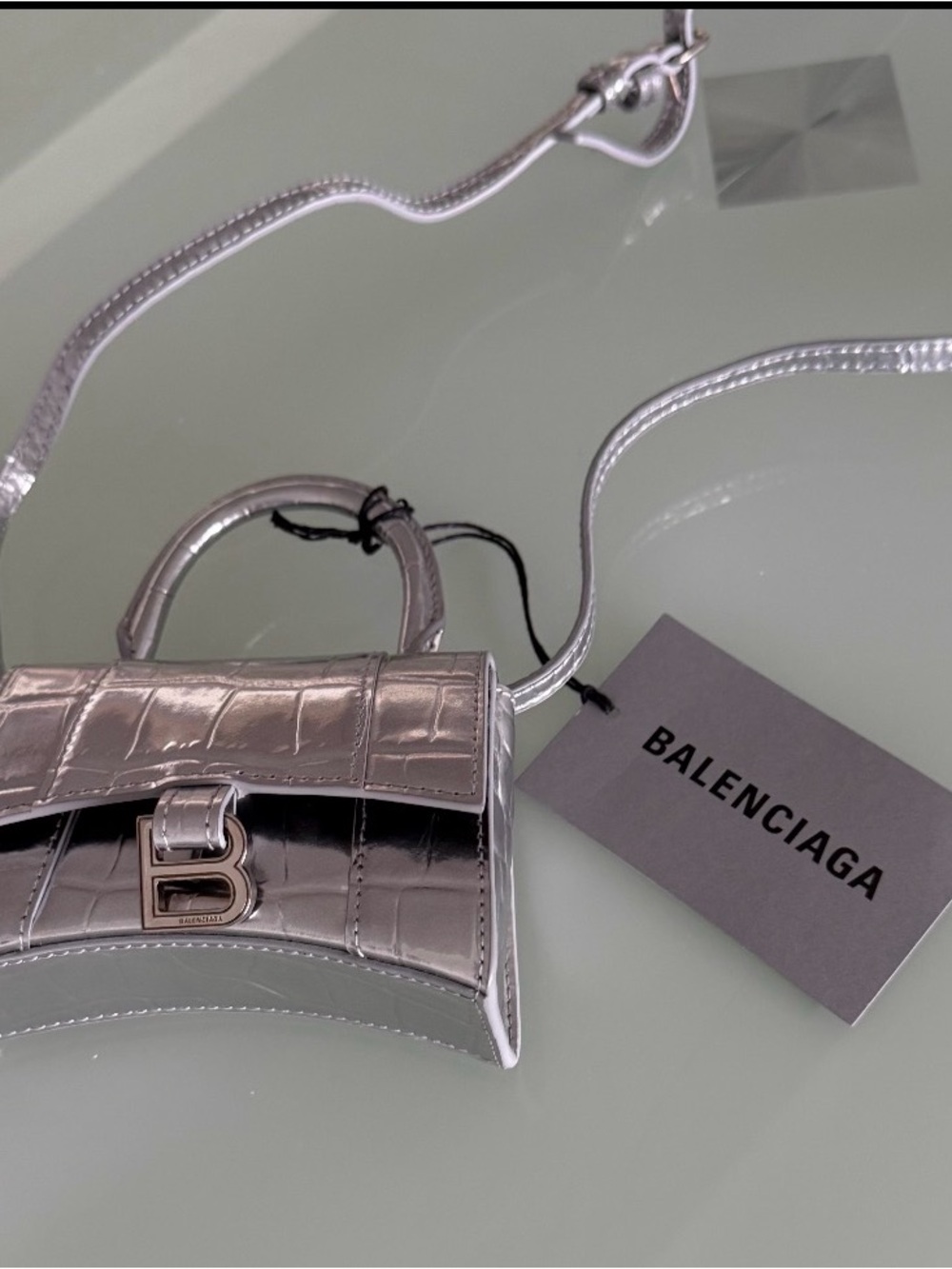 New Authentic Balenciaga Nano Hourglass Croc-Embossed Top Handle Bag